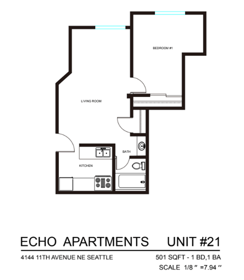 Floor plan for 1 bed, 1 bath, 445 sqft